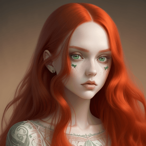 AI generated: a young woman with long red hair in blouse, in the style of light emerald and dark beige, pop inspo,...