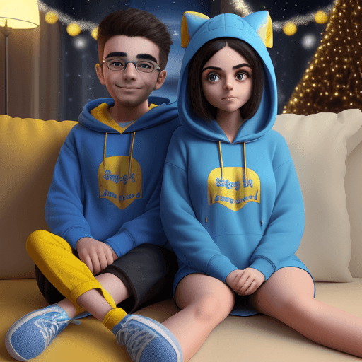 AI generated: A realistic 3D image of a cute boy and girl big eyes smiling and wearing a bright blue hoodie with a...