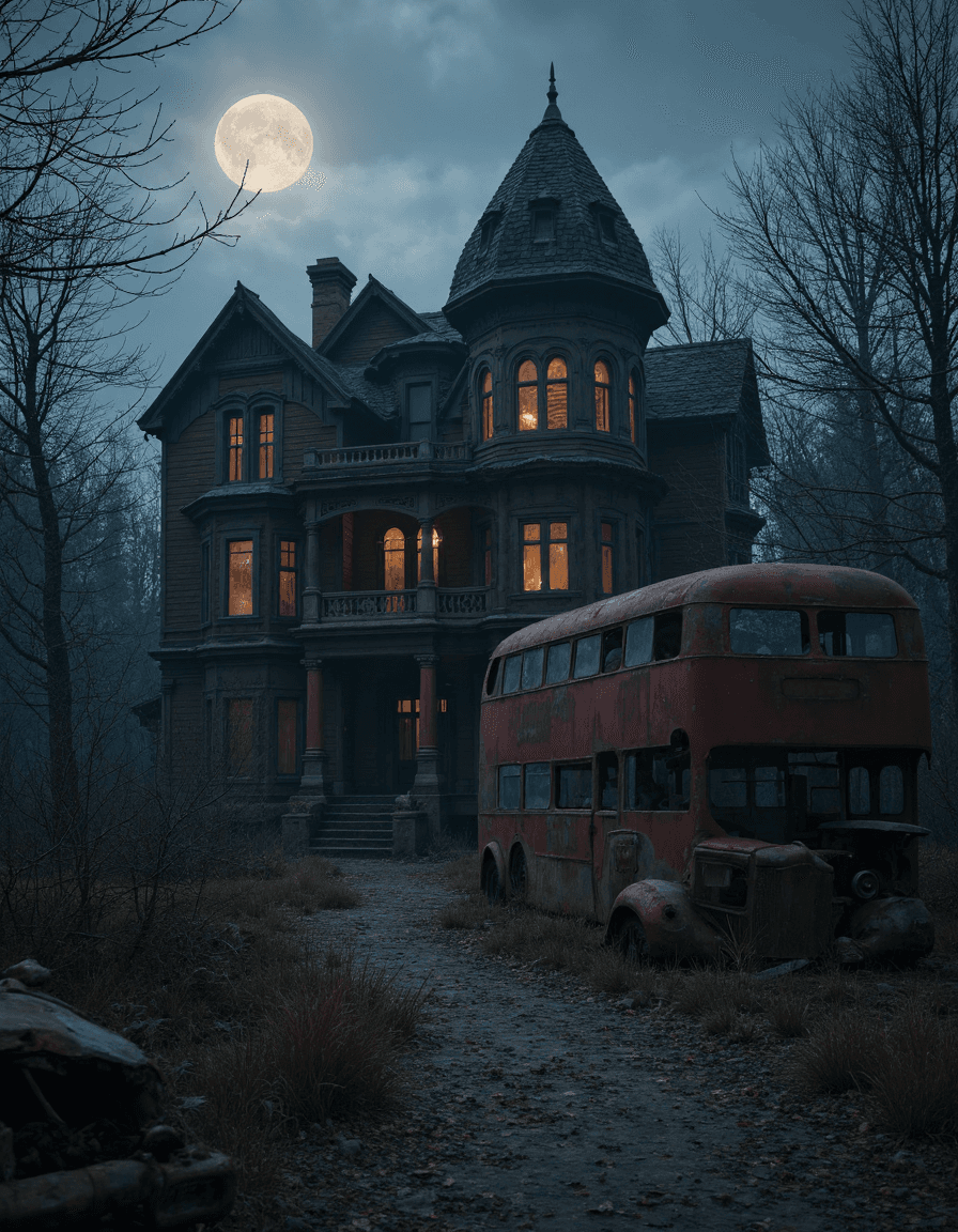 AI generated: Beautiful photo of a dilapidated Victorian era building in the woods, old car wreck and rusty double...