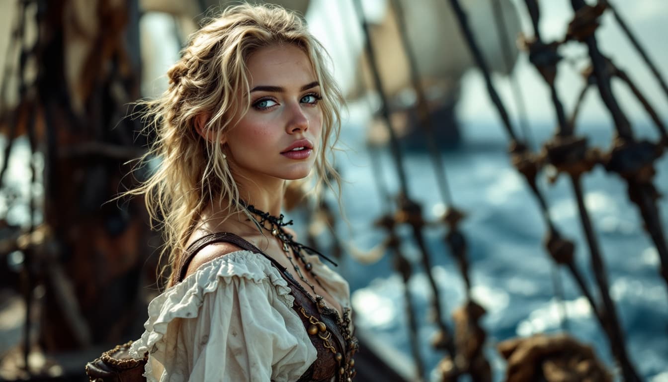 AI generated: I am a woman blonde  girl, who has been (((captured by pirates))). up on the deck of the ship,
