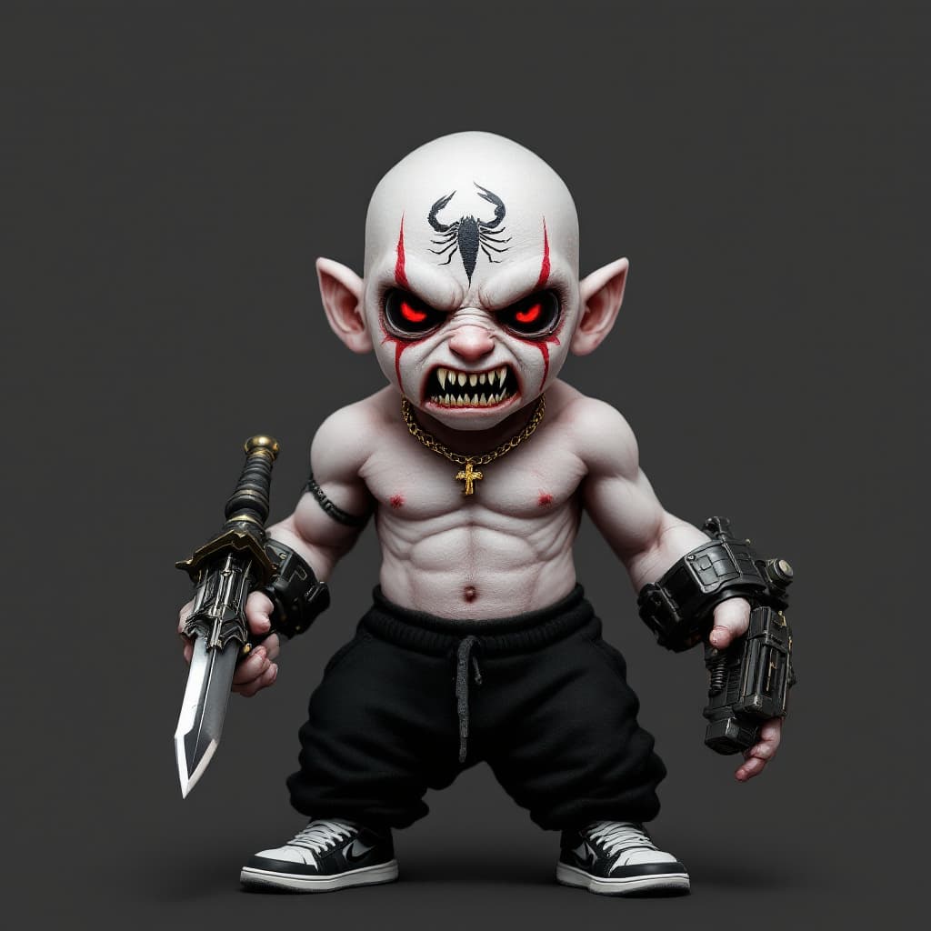 AI generated: A short man (1.55 cm tall) with pale, almost ghostly white skin and a completely bald head. On his s...