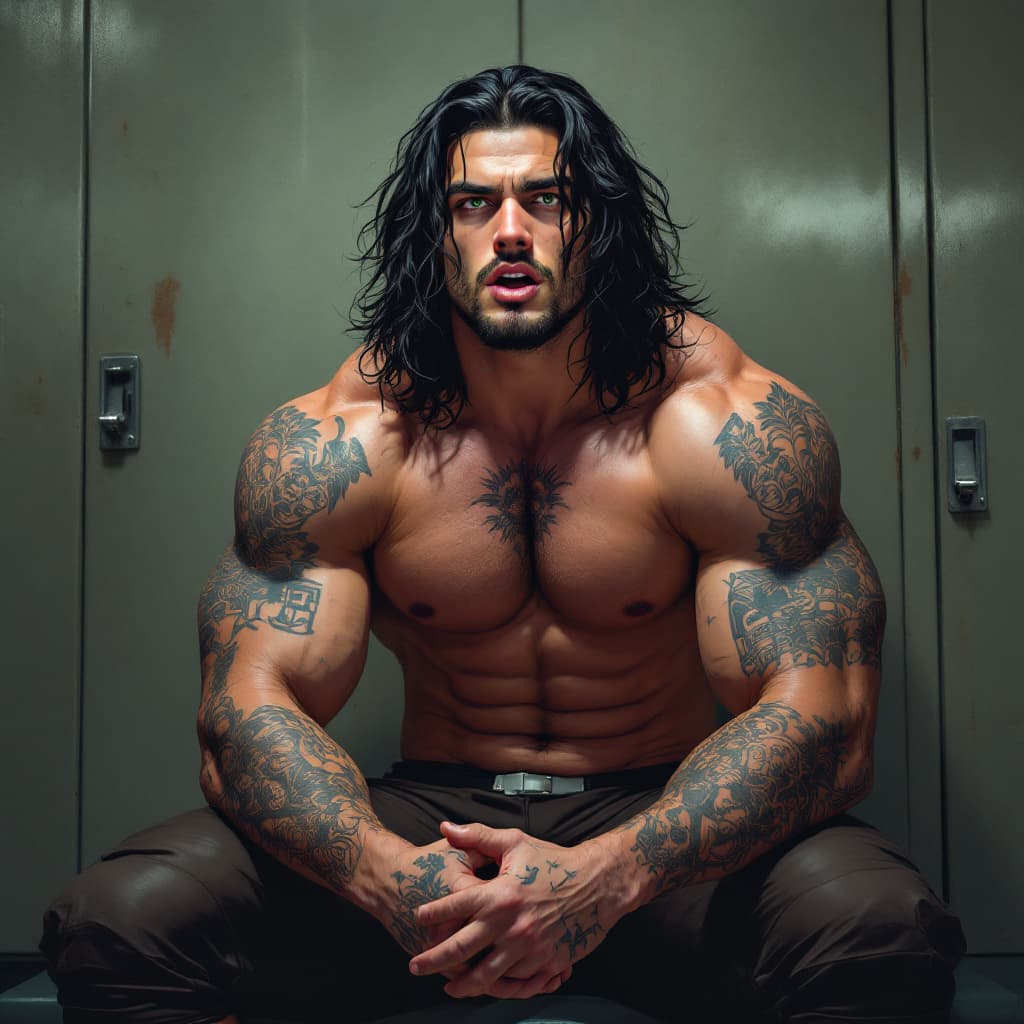 AI generated: John, locker room, dumb college football player, long wavy black hair, green eyes, muscles, jocks st...