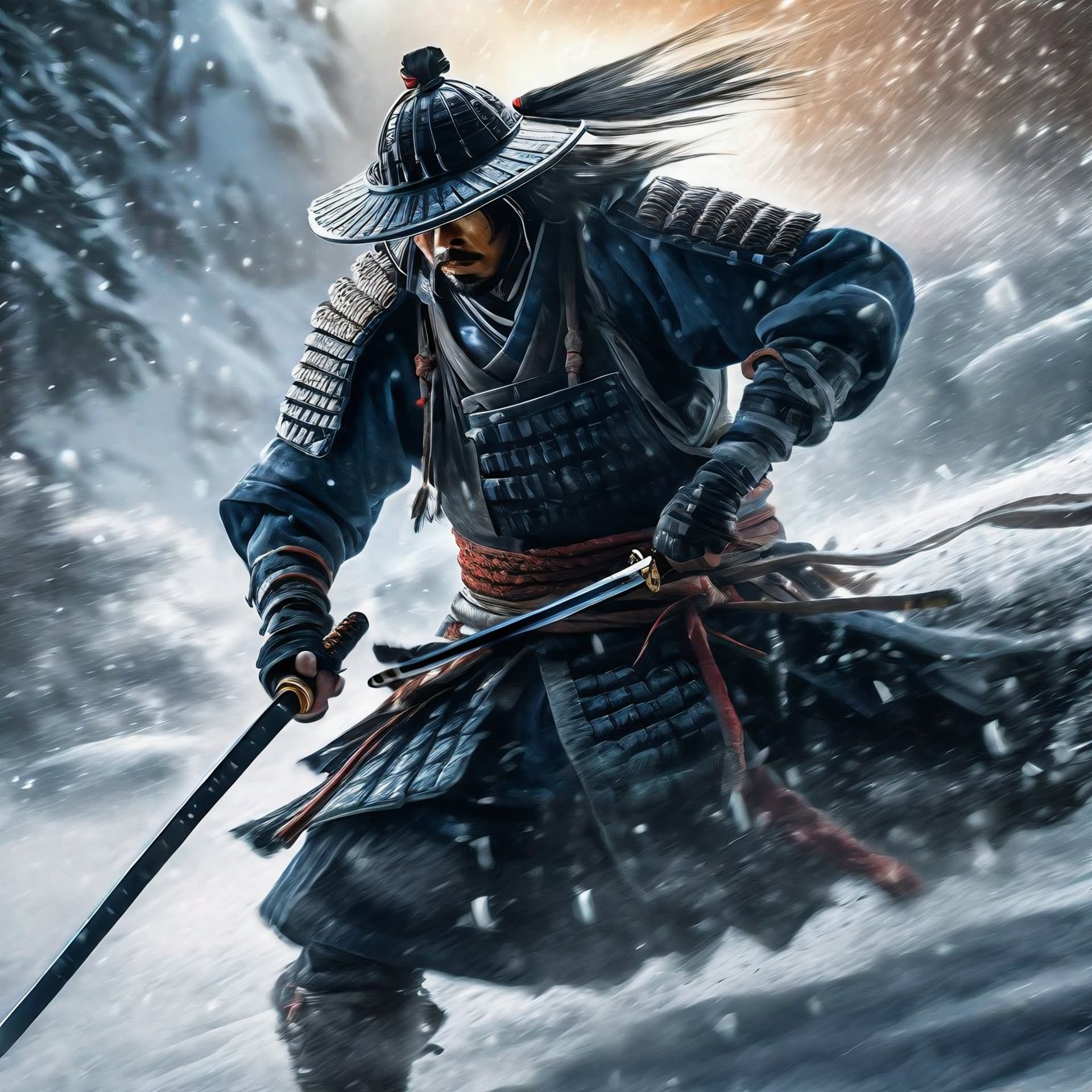 AI generated: a samurai wielding a greatsword charging into battle, UHD, oil painting, raytracing, godrays, detail...