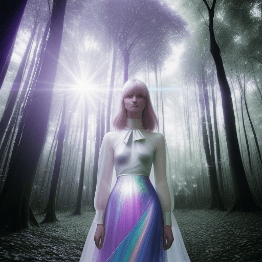 AI generated: a woman standing next to a tree in a forest, dichroic prism, margiela campaign, david hamilton, insp...