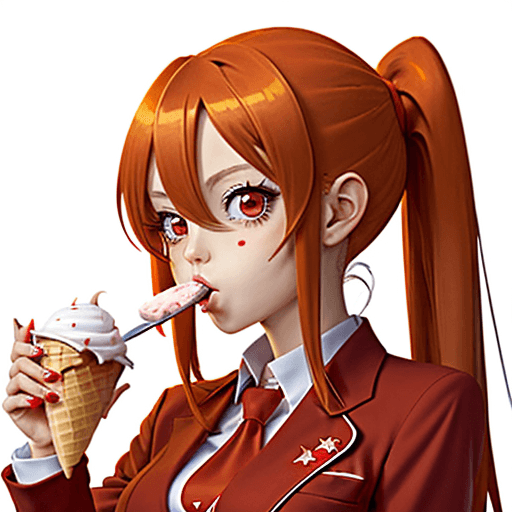 AI generated: Anime girl "Texas" in red business suit eating ice cream cutely