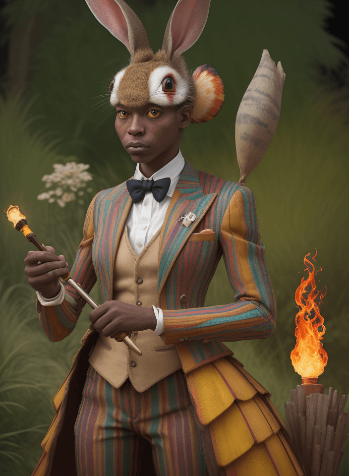 AI generated: Queen of the multicolored grass and conches::ull body portrait of cool Martinican rabbit dressed wit...