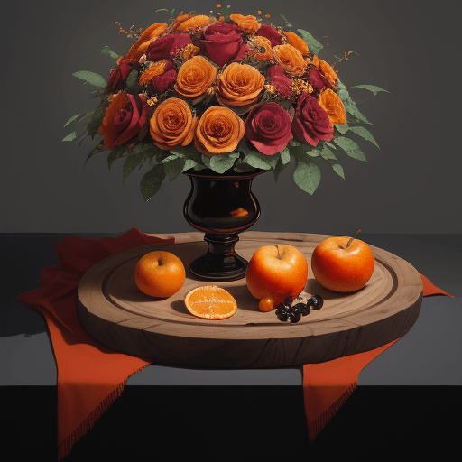 AI generated: Inspired BY:Oly Agliullina
A bouquet of roses next to a wooden plate filled with apples, oranges, ca...