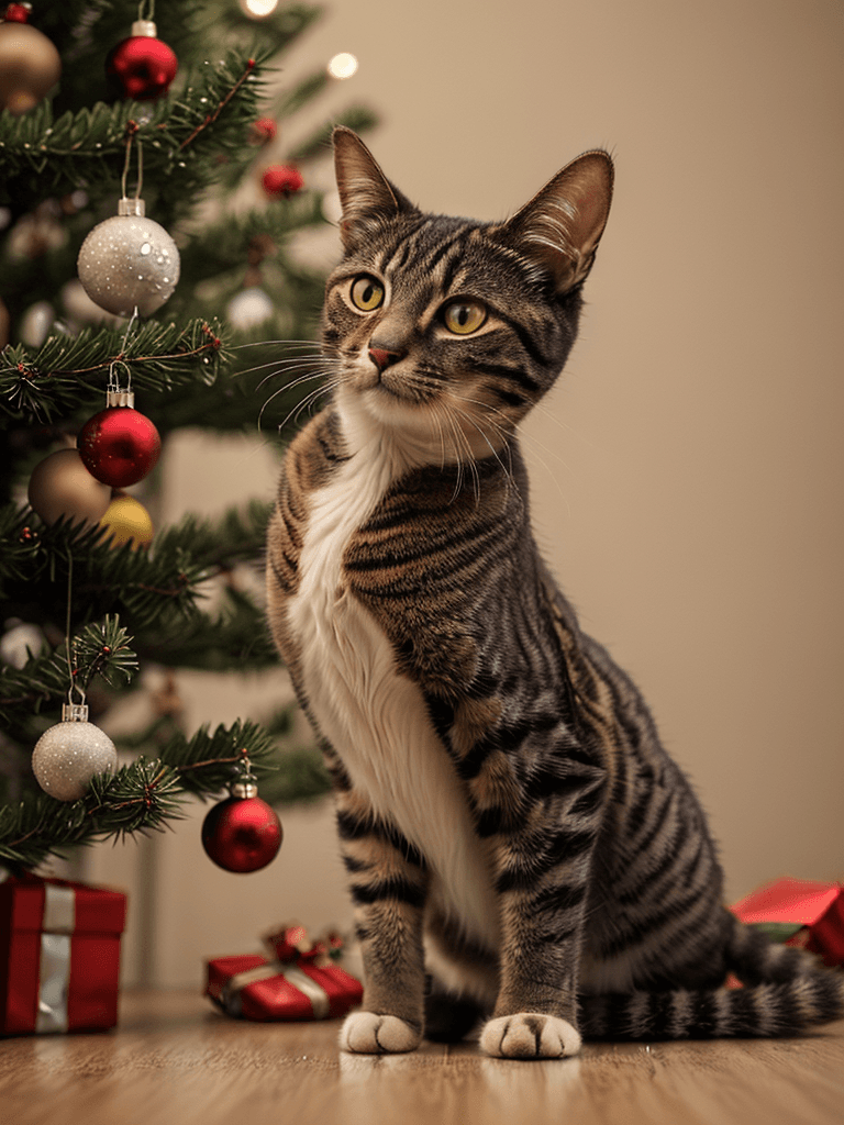 AI generated: Photo of a cat, striped brown fur, swatting a decorated Christmas tree ornament, low side angle, 4k,...
