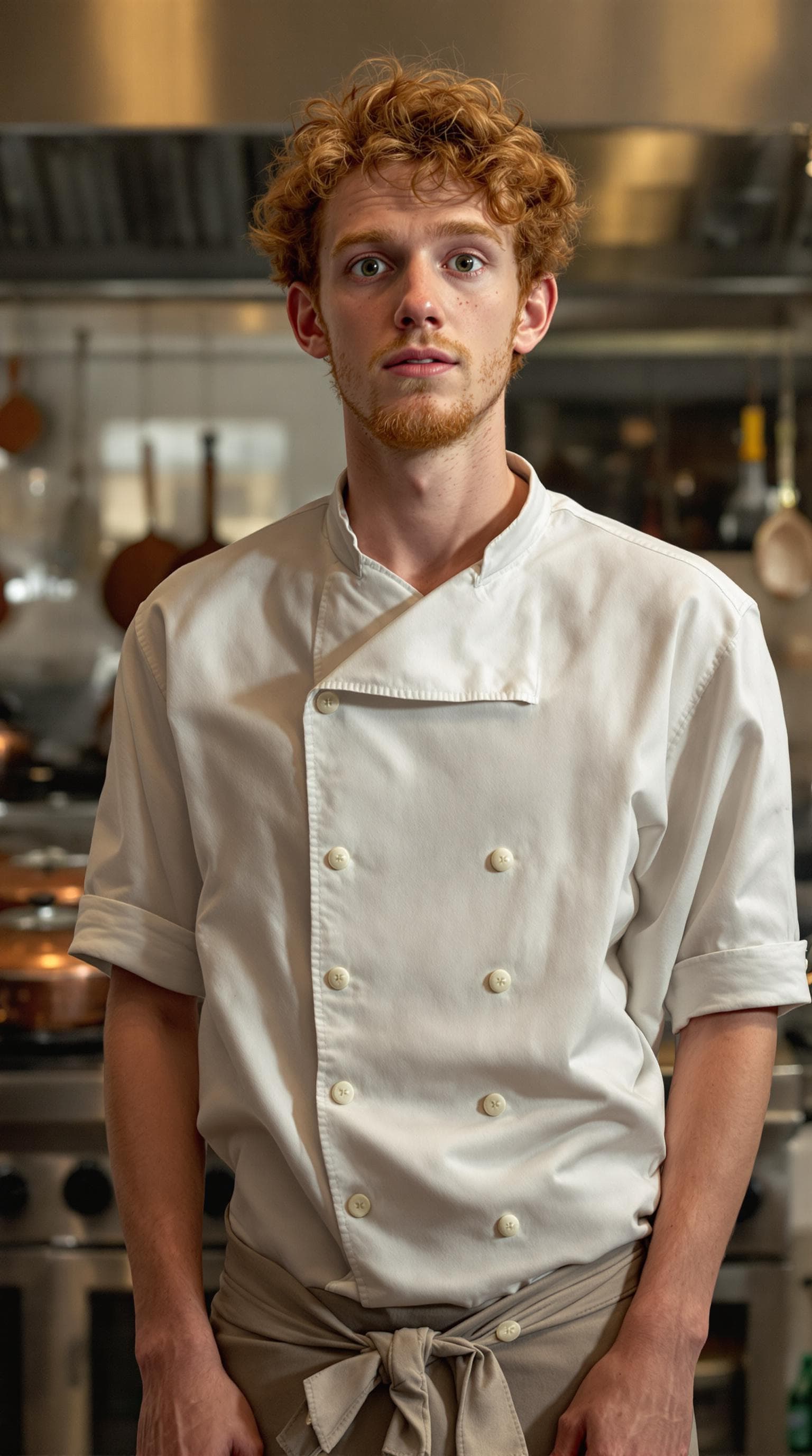 AI generated: Photorealistic portrait of a lanky, awkward young man inspired by Linguini; tall and thin with unrul...