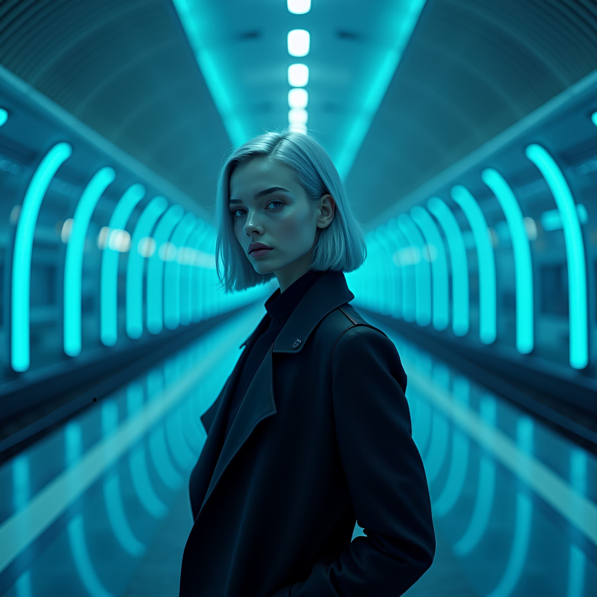 AI generated: ultra-realistic 8K RAW photo of a sleek 26-year-old German model with shoulder-length silver hair, a...