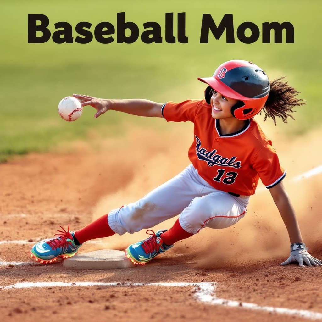 AI generated: A young baseball player sliding into second base with neon cleats
and the words "Baseball Mom" at th...