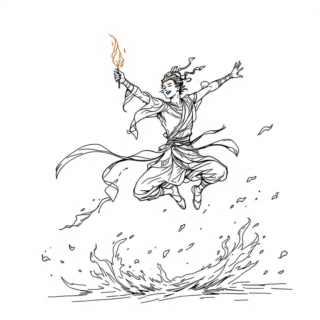 AI generated: A minimalist line art drawing of Nezha leaping joyfully, sketched in continuous black lines against ...