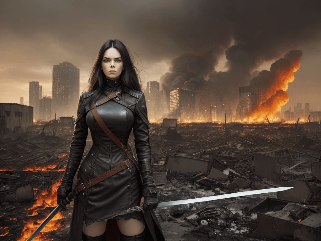 AI generated: a woman standing in the midst of a burning city, with a wide-angle perspective that captures the ful...