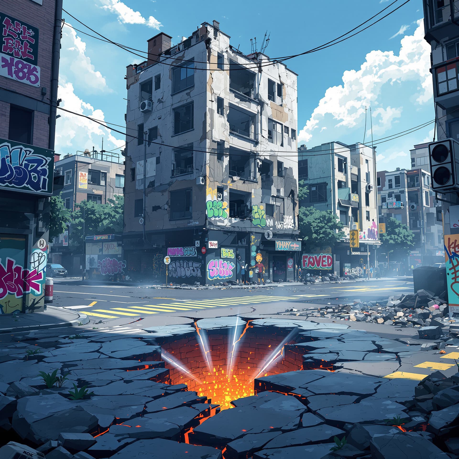 AI generated: very destroyed urban buildings with graffiti and a small crater with cracks in the street and energy...