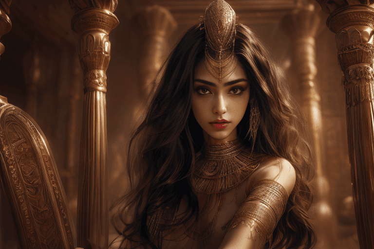 AI generated: (1girl), inside Temple of Anubis, praying, sarcophagus, ancient egyptian clothes, royal, incredibly ...