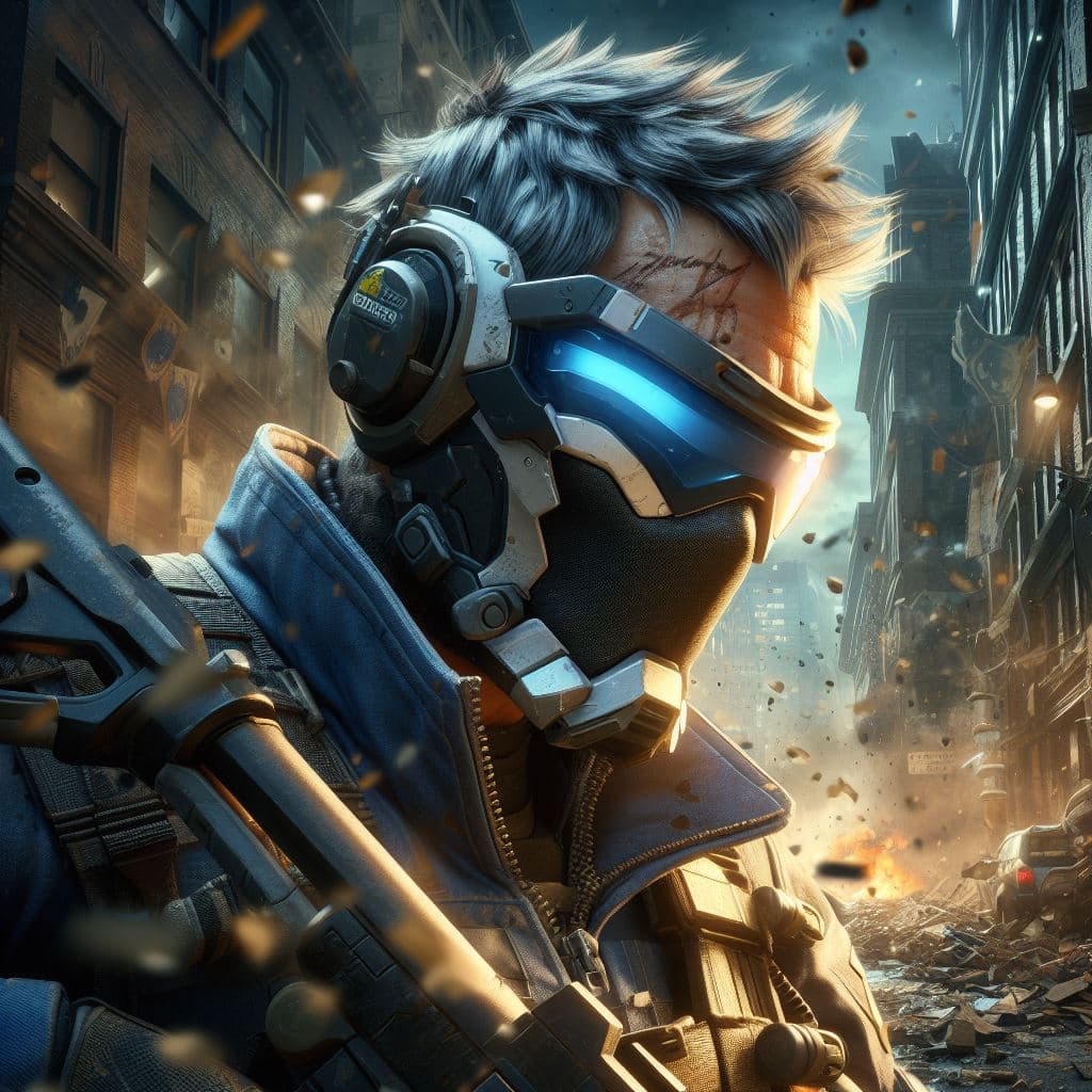 AI generated: In the midst of urban turmoil, Overwatch's Soldier: 76 emerges, a beacon of vigilance in his tactica...