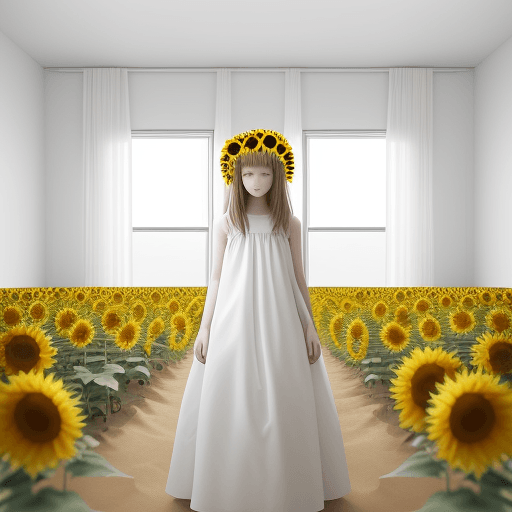 AI generated: White minimalist room with nothing::2 girl in a dress head completely covered with yellow sunflowers...
