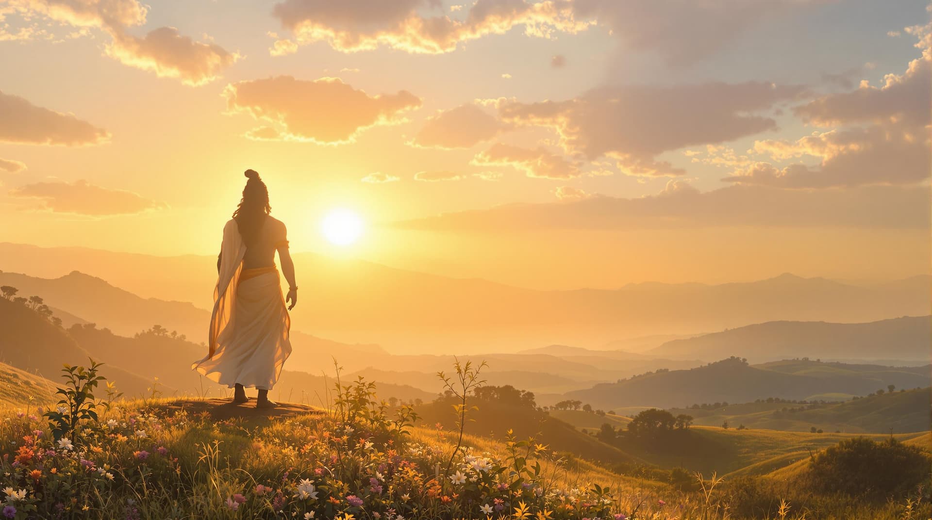 AI generated: "Generate an image of Lord Shiva standing at the edge of a vast golden-lit valley, his silhouette il...