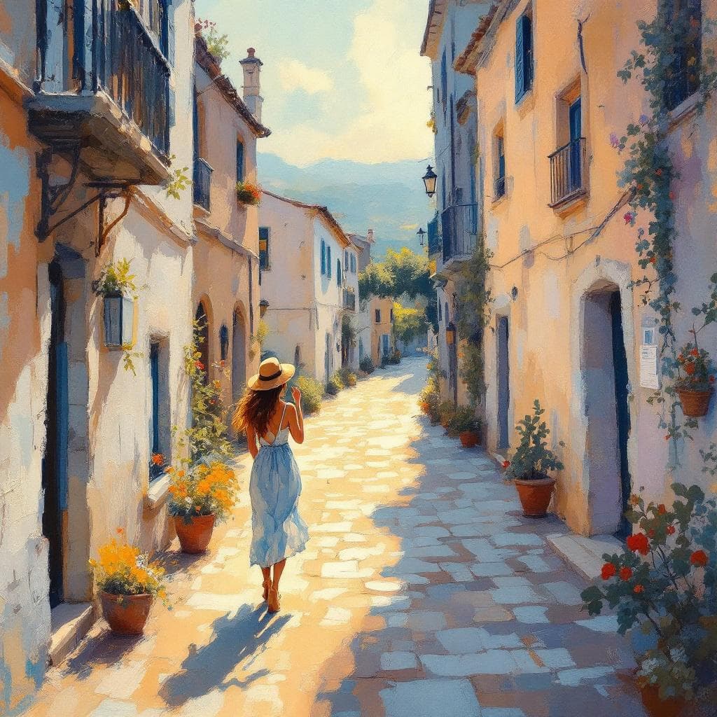 AI generated: Oil painting of a woman in a charming street in Tuscany, golden hour, poetic atmosphere, Impressioni...