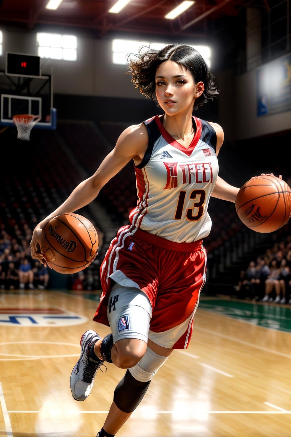 AI generated: action packed, Headshot, smiling pose, fast motion, (female basketball player wearing full body:1.2)...