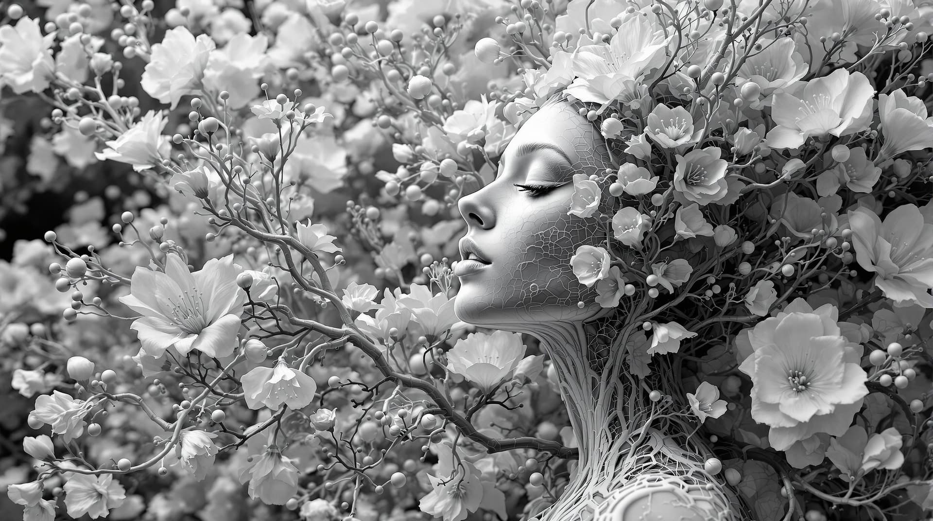 AI generated:  3d woman in flowers with human and flower shaped branches, in the style of medical imaging film. , ...