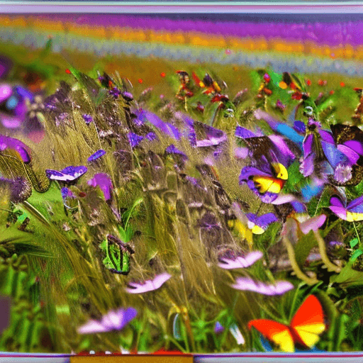 AI generated: butterflies in a filed of rainbow colored flowers and purple grass