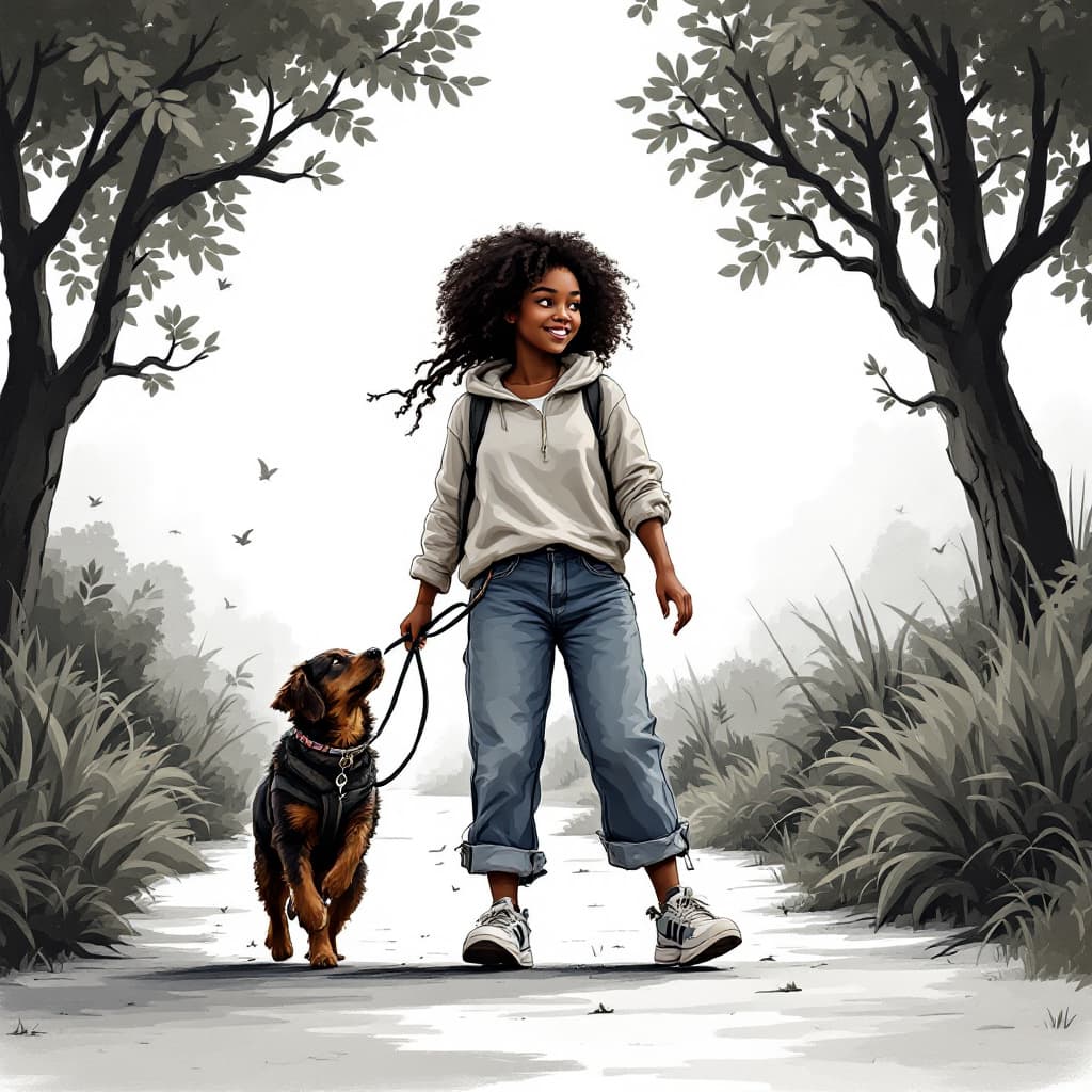 AI generated: A black girl with natural hair walking a dog with the girl having decent clothes on.