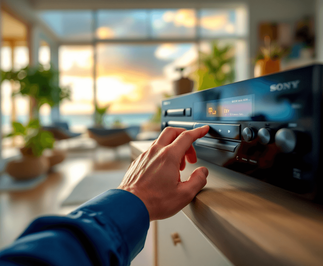 AI generated: POV, the hand of a man wearing a navy blue business shirt, pressing the PLAY button on a SONY CD pla...