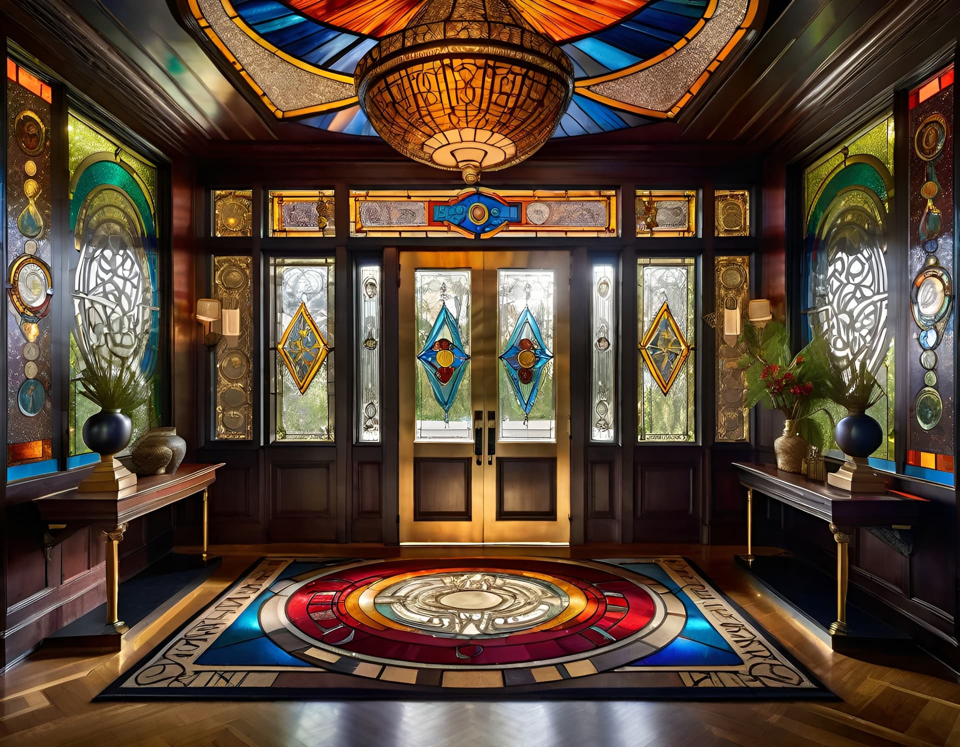 AI generated: vintage maximalist interior designed foyer in grand mansion with runes patterned wallpaper photoreal...