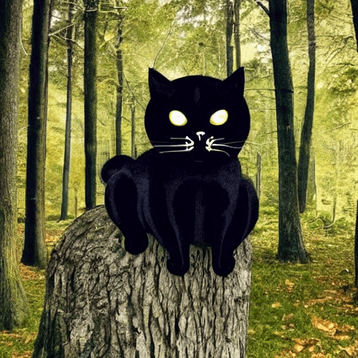 AI generated: black cat without eyes and in a forest