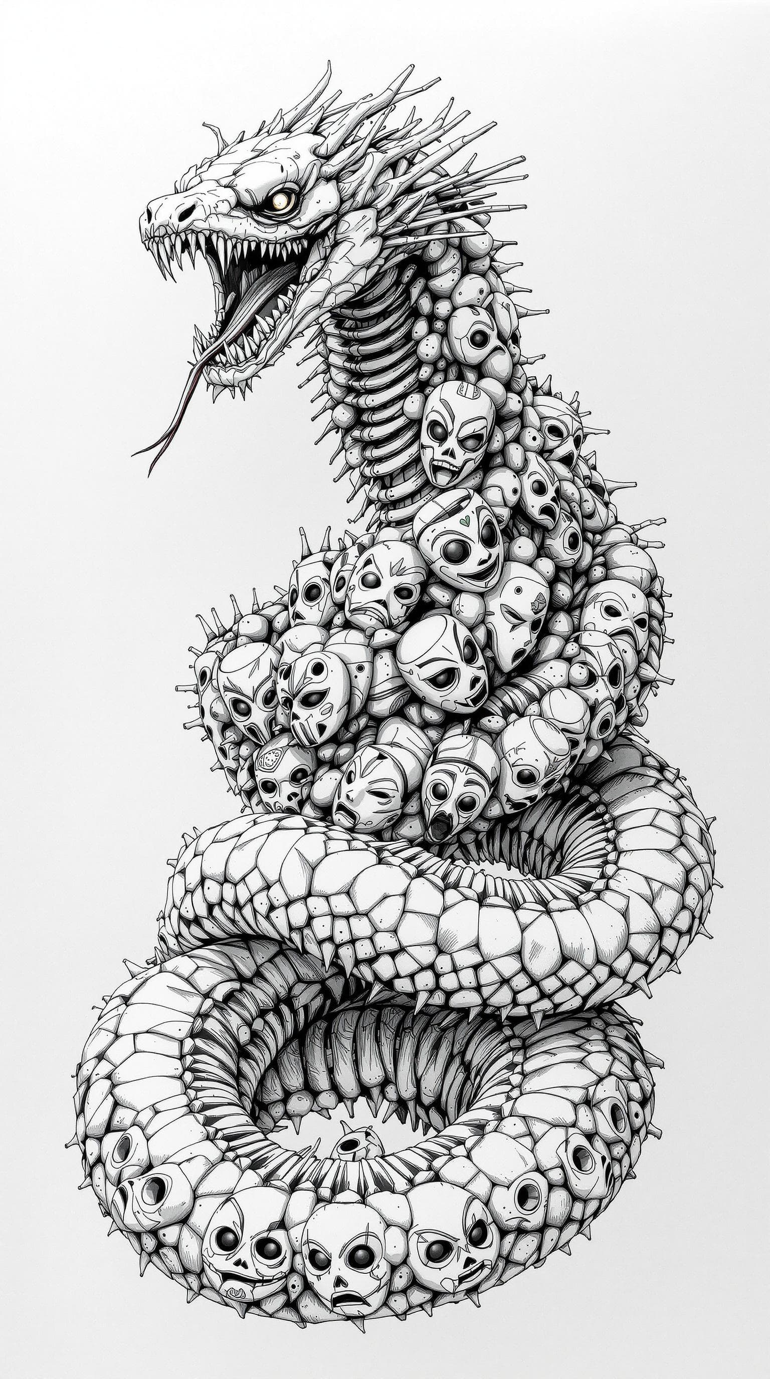 AI generated: A snake with a Japanese mask all over its body, revealing bones, black and white pencil drawings,Cou...