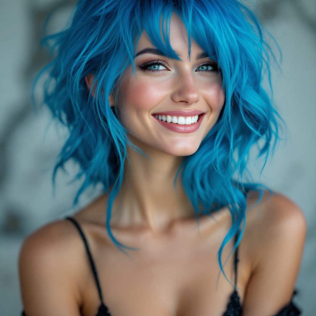 AI generated: professional portrait a stunning woman wearing blue hair with a smile, in the style of animated gifs...