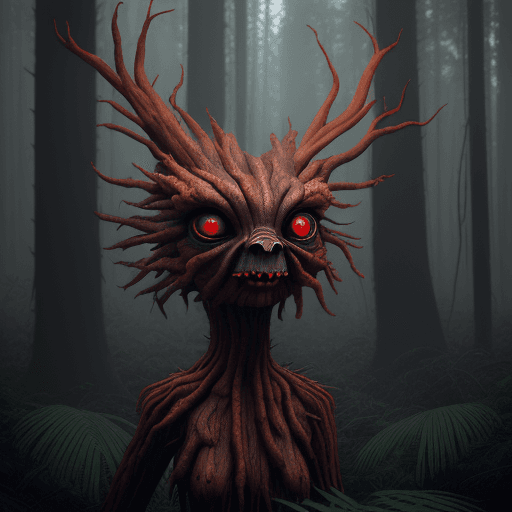 AI generated: a scary looking wood creature with a red eye, in the style of filip hodas, daz3d, sandy skoglund, na...