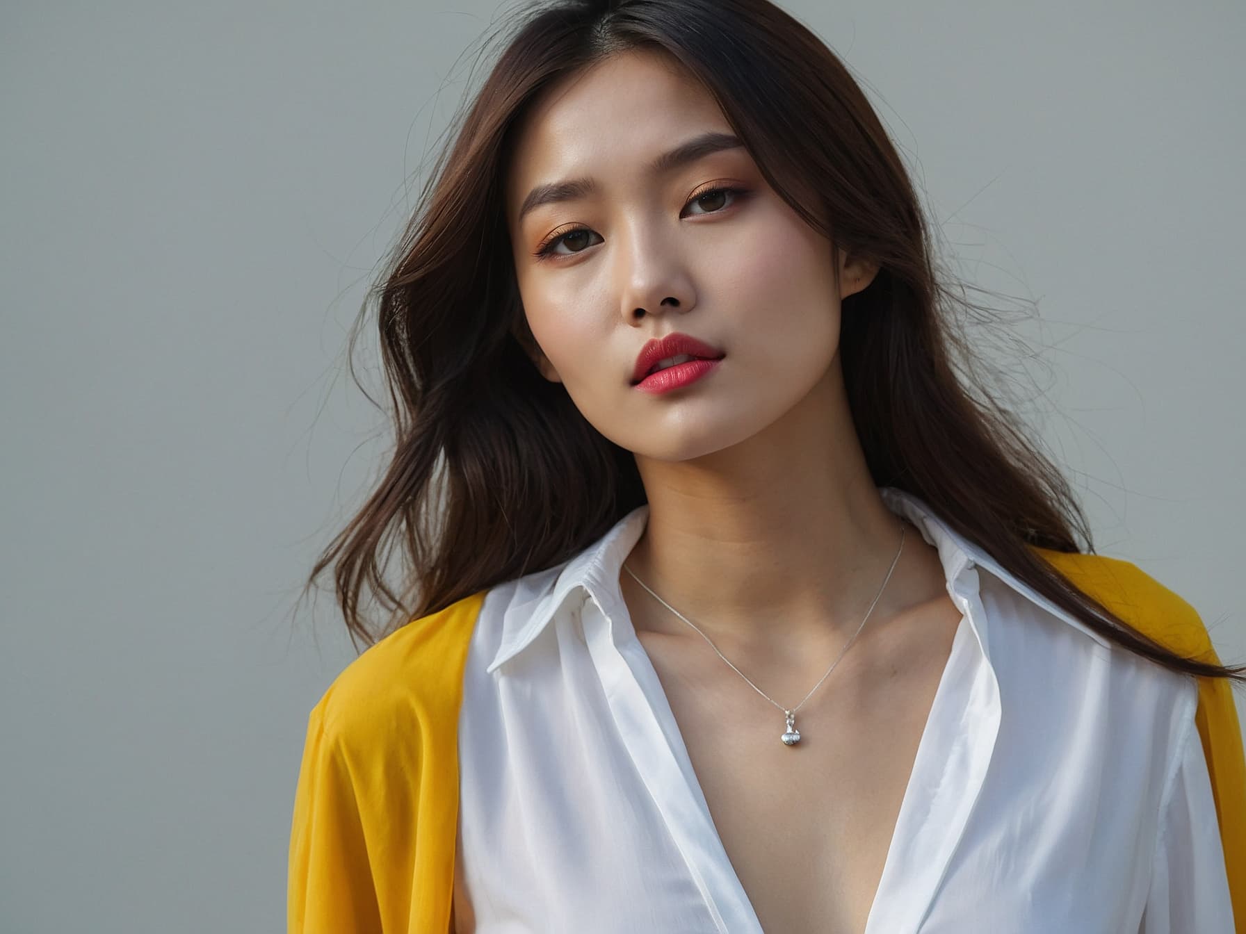 AI generated: a woman wearing a white shirt and a yellow jacket, a character portrait by Lü Ji, trending on cg soc...