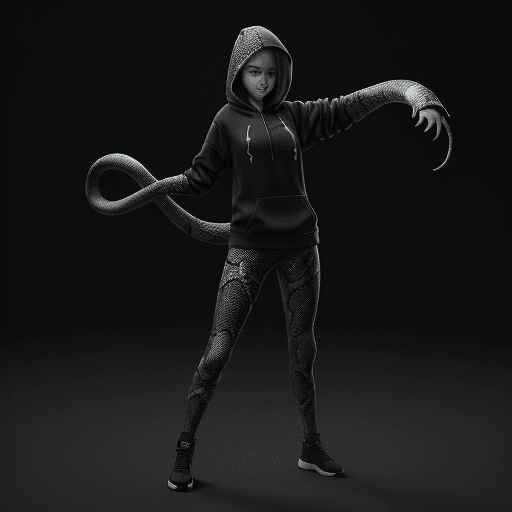 AI generated: trending on artstation, girl with a snake, dark hoodie, high detail, octane render, 8k, dancing movi...