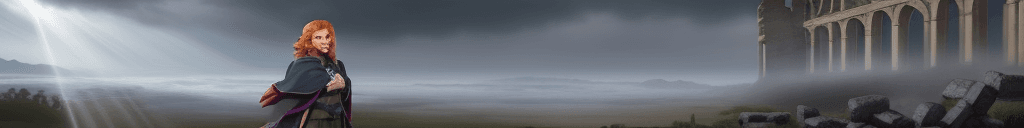 AI generated: a fog wearing a cloak, blue eyes, smiling, ginger hair, ancient ruins, fantasy , overcast, god rays,...