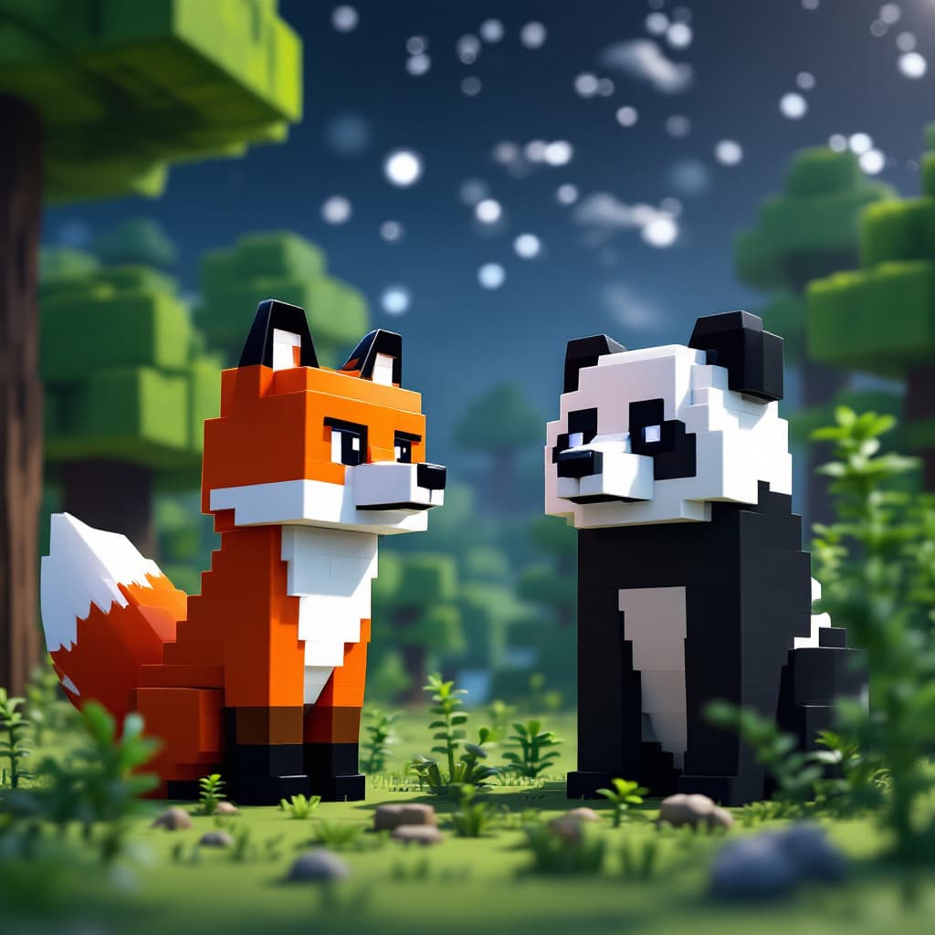 AI generated: a minecraft world with all minecraft animals, fox and panda, minecraft trees, nightsky in the backgr...