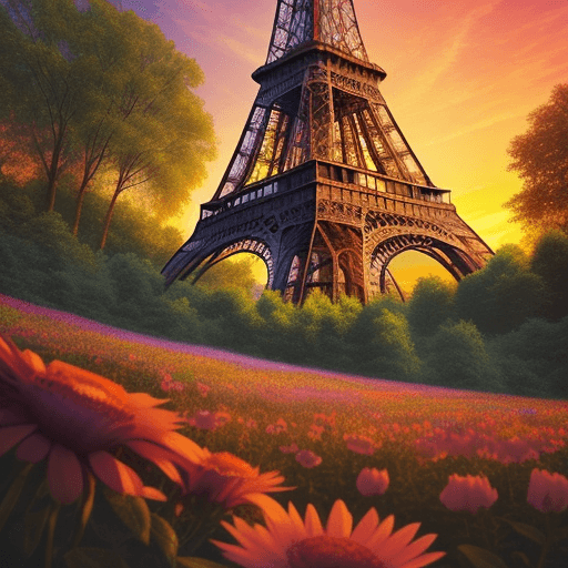 AI generated: The Eiffel tour in the middle of a forest ,countryside, flowers, sunset, vibrant colors, intricate d...