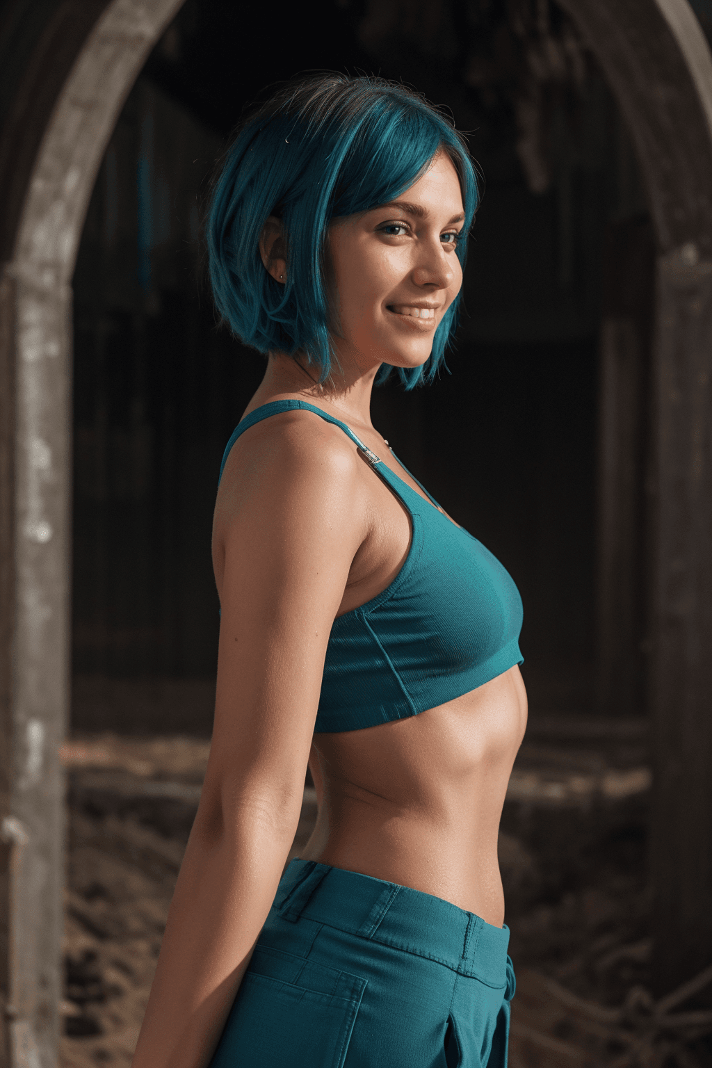 AI generated: instagram of a beautiful woman with Teal hair Layered haircut, smiling, Profile pose, Wide-leg pants...