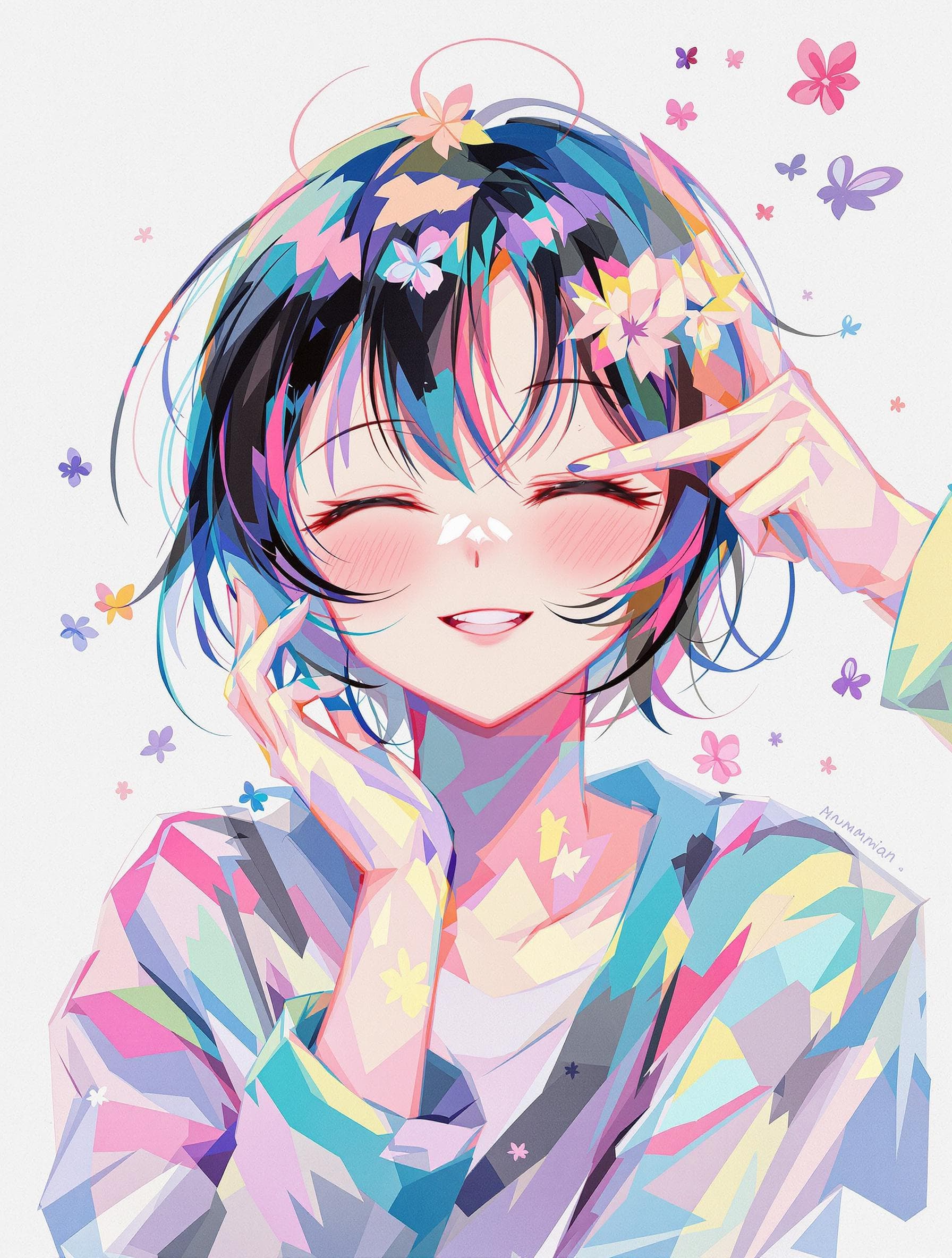 AI generated: A vibrant anime, background white, capturing a moment with a digital camera, playfully closing one e...