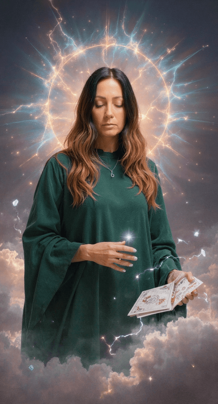 AI generated: ethereal female psychic guide in flowing robes, surrounded by cosmic energy, soft lighting, tarot ca...