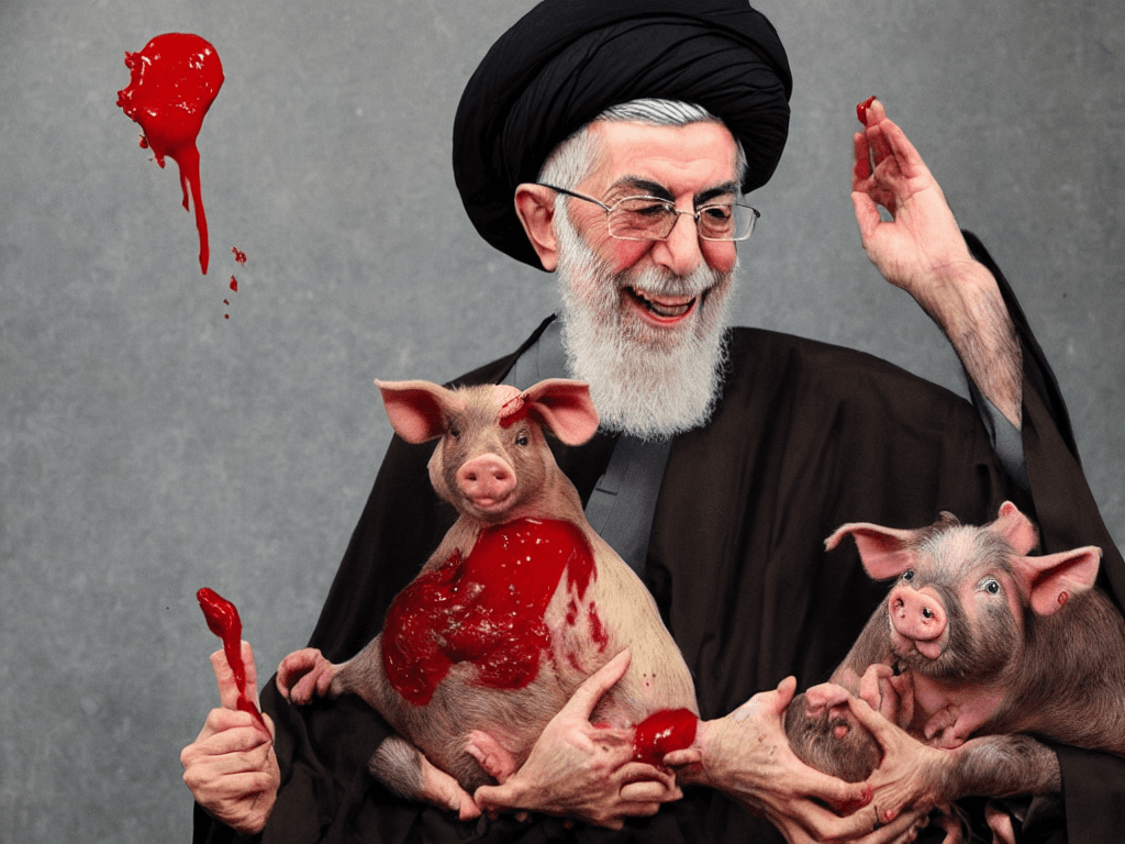 AI generated: portrait of ali khamenei holding a pig and laughing  with blood all over his face 