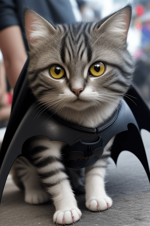 AI generated: realistis, gambar nyata, detail rumit, foto seluruh tubuh kucing lucu dalam gaun batman , (latar bel...