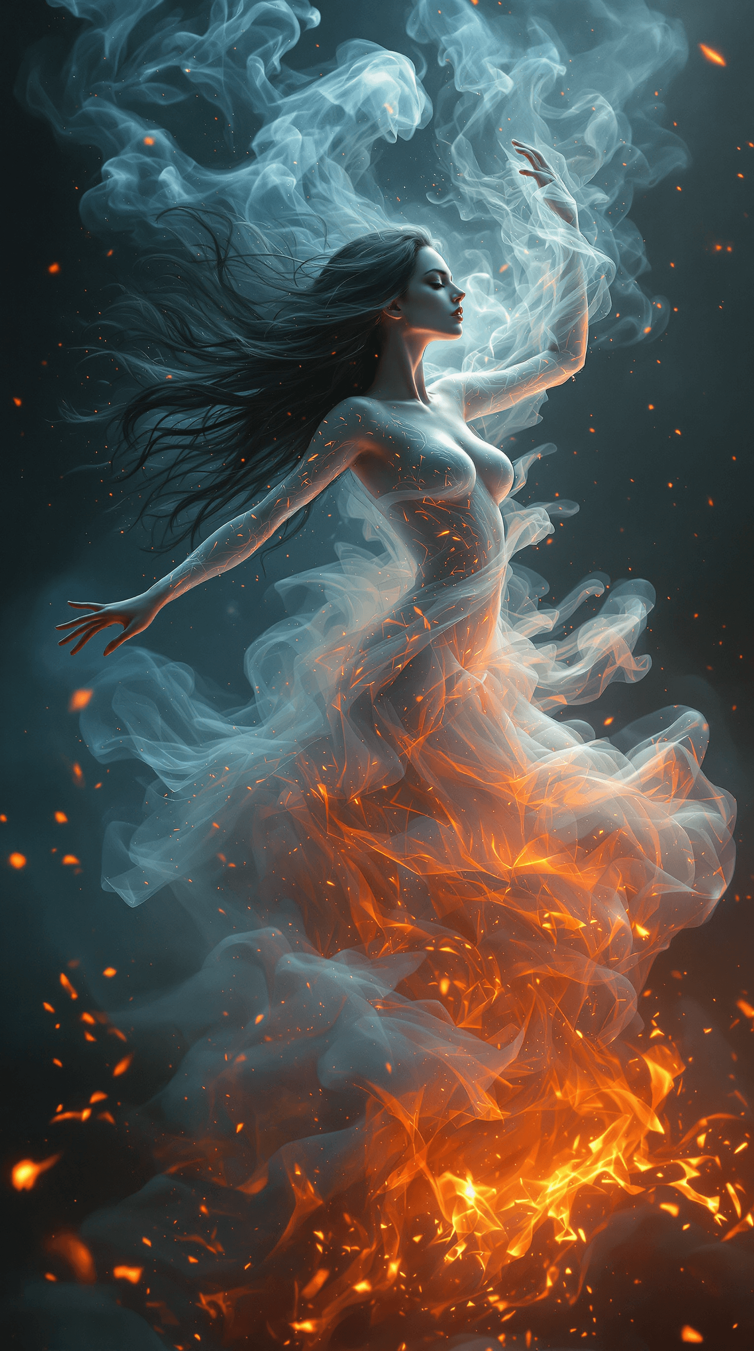AI generated: Fantastical hauntingly beautiful Woman made of smoke dances inside an inferno, long dark hair, wisps...