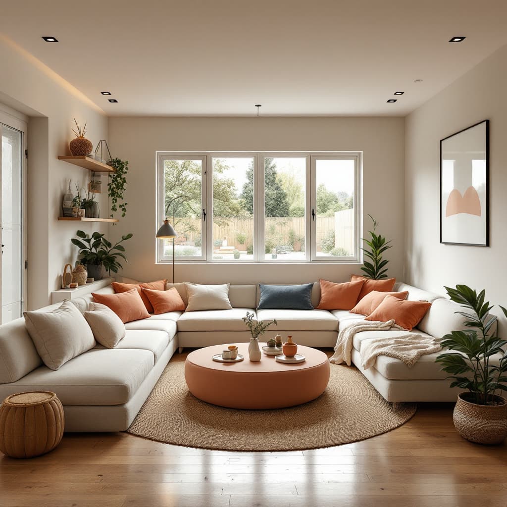AI generated: High resolution photography interior design, dreamy sunken living room conversation pit, wooden floo...