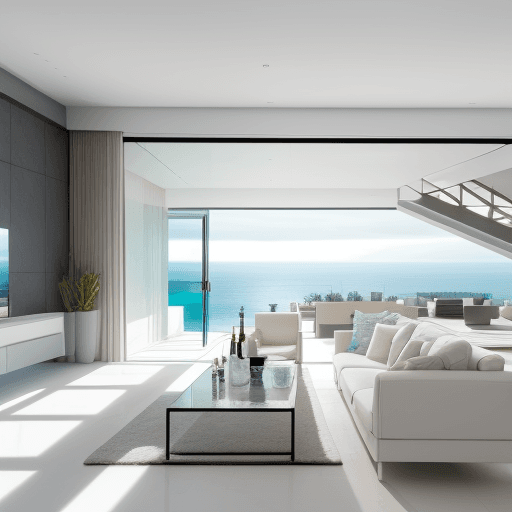 AI generated: Hyperrealistic house, modern style with ocean views, natural light, indirect lighting, in the living...