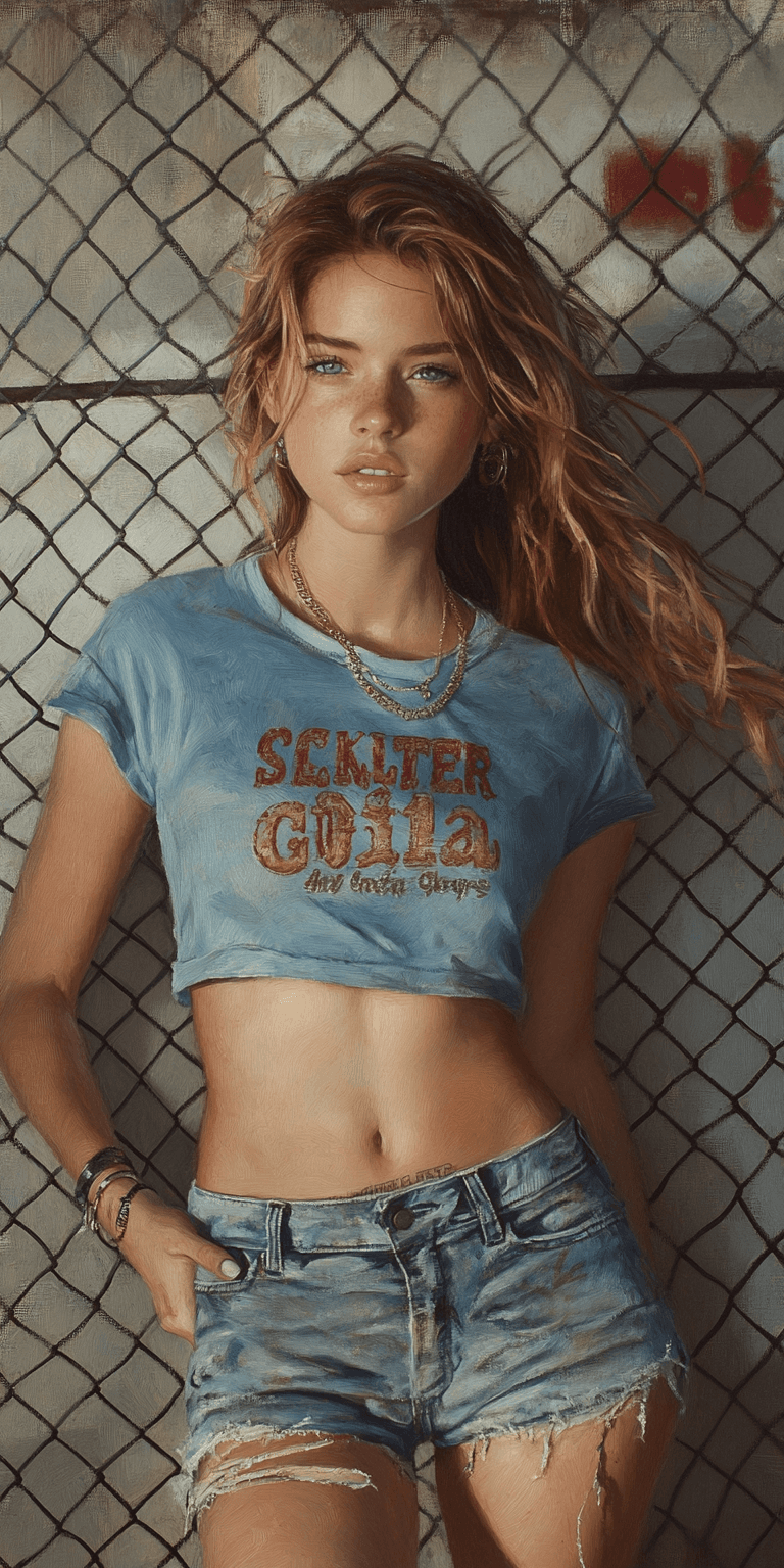 AI generated: A photorealistic portrait of an athletic woman in denim shorts and a t-shirt She is leaning against ...
