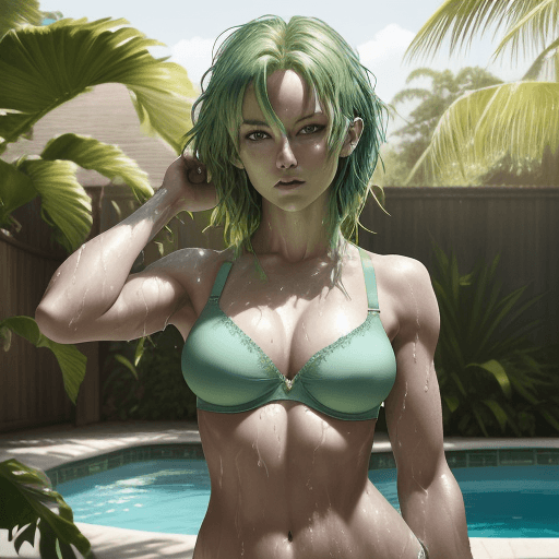 AI generated: HDR photo of beautiful fair skin woman with  green hair, fit body, removing her bra, taking off her ...