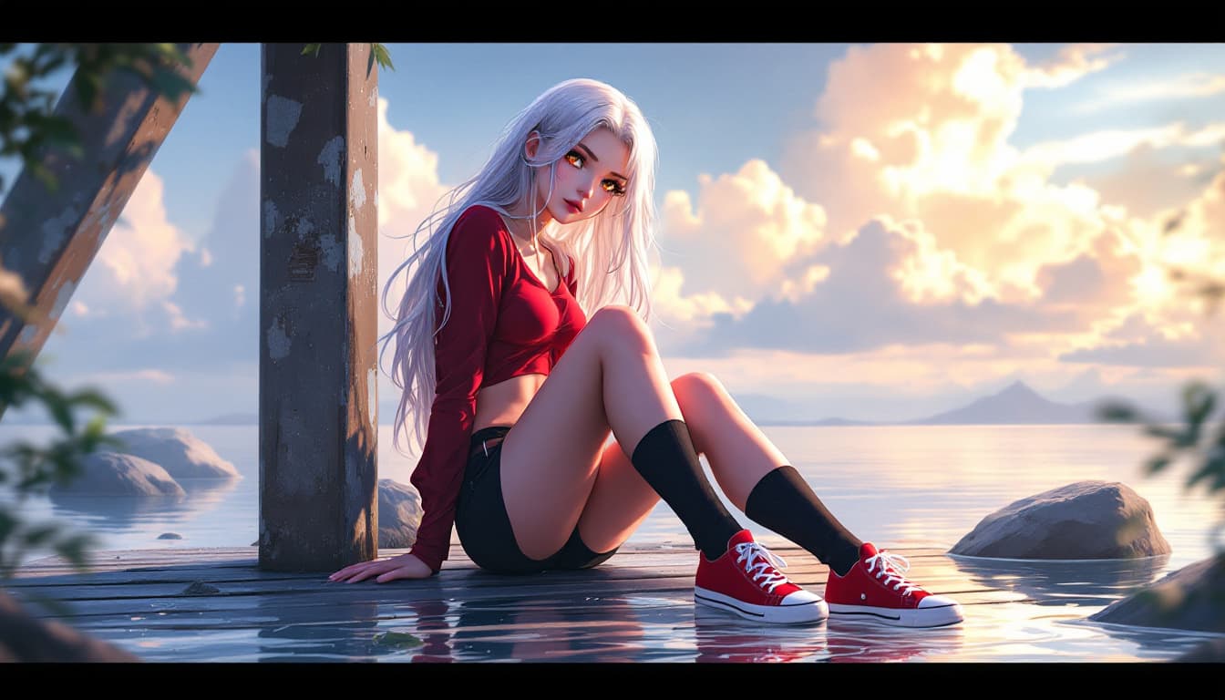 AI generated: high quality, 1lady, 25 years old, gold eyes, long white hair, fade, outdoors, red-top, black short-...