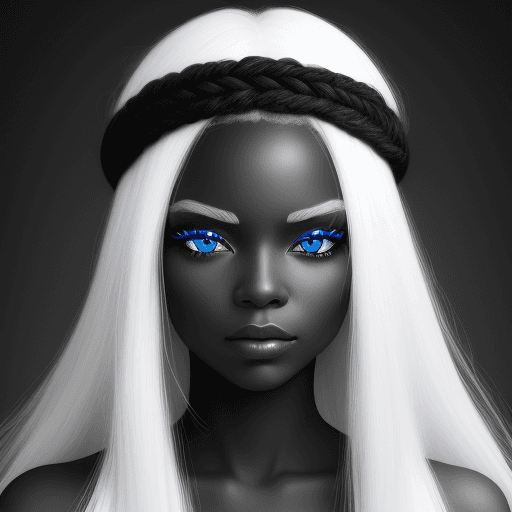 AI generated: create a black and white image of a black woman with blue eyes and long white hair